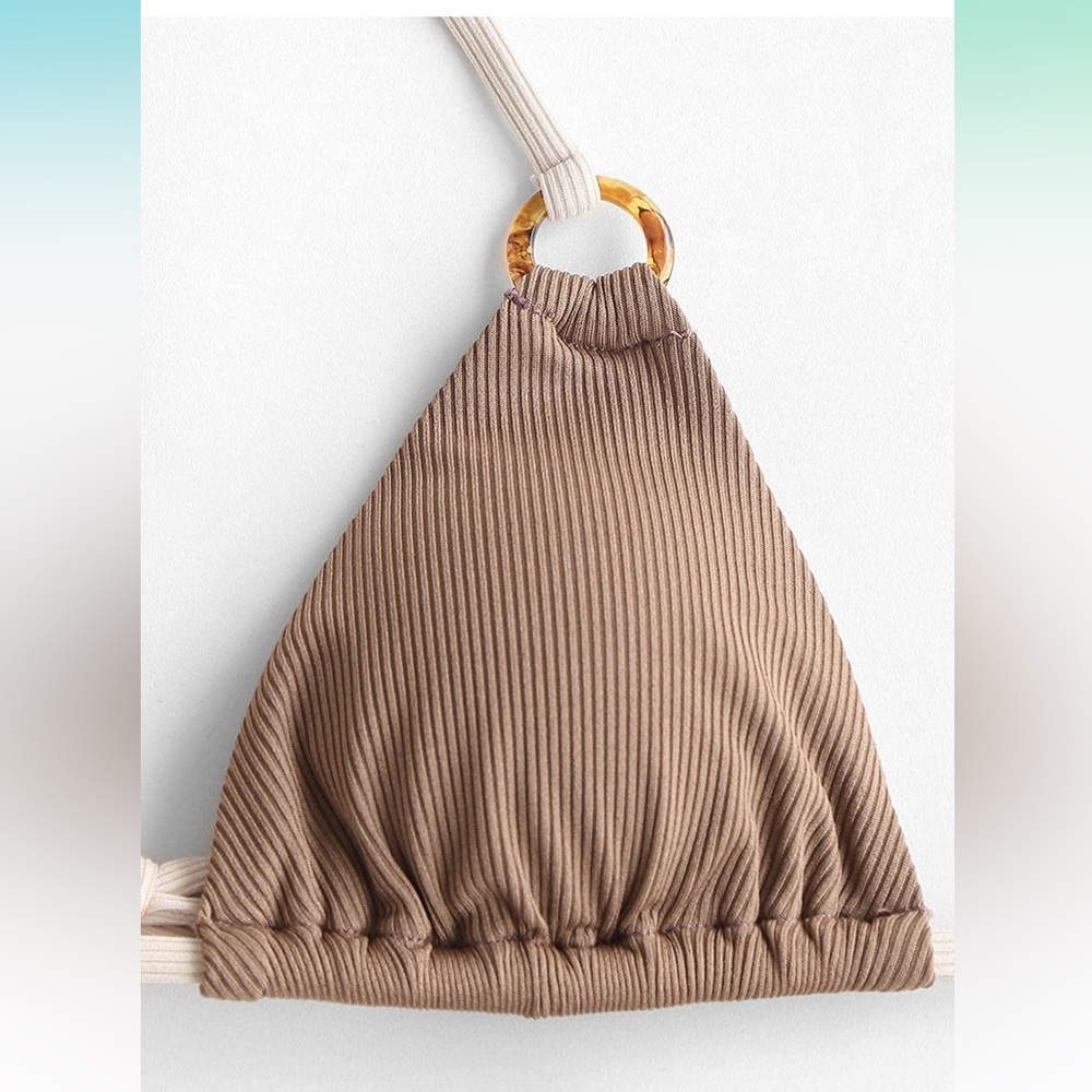 NWT ZAFUL Halter Triangle Bikini Ribbed String. Coffee colored - Picture 5 of 7